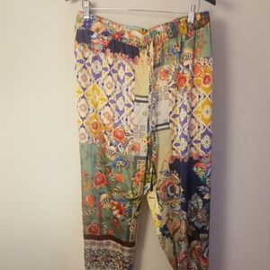 Johnny Was Otti Elsie Silk Jogger Pants Mixed Prints, Pockets, Drawstring 3X NWT